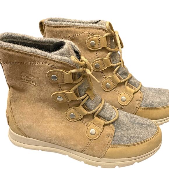 Women's SOREL Explorer Joan Tan Suede Wool Faux Fur-Lined Waterproof Boots - Picture 1 of 14